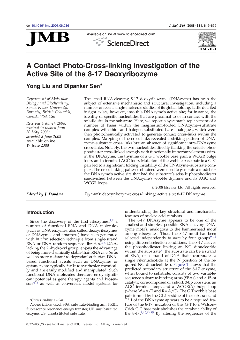 A Contact Photo-Cross-linking Investigation of the Active Site of the 8-17 Deoxyribozyme