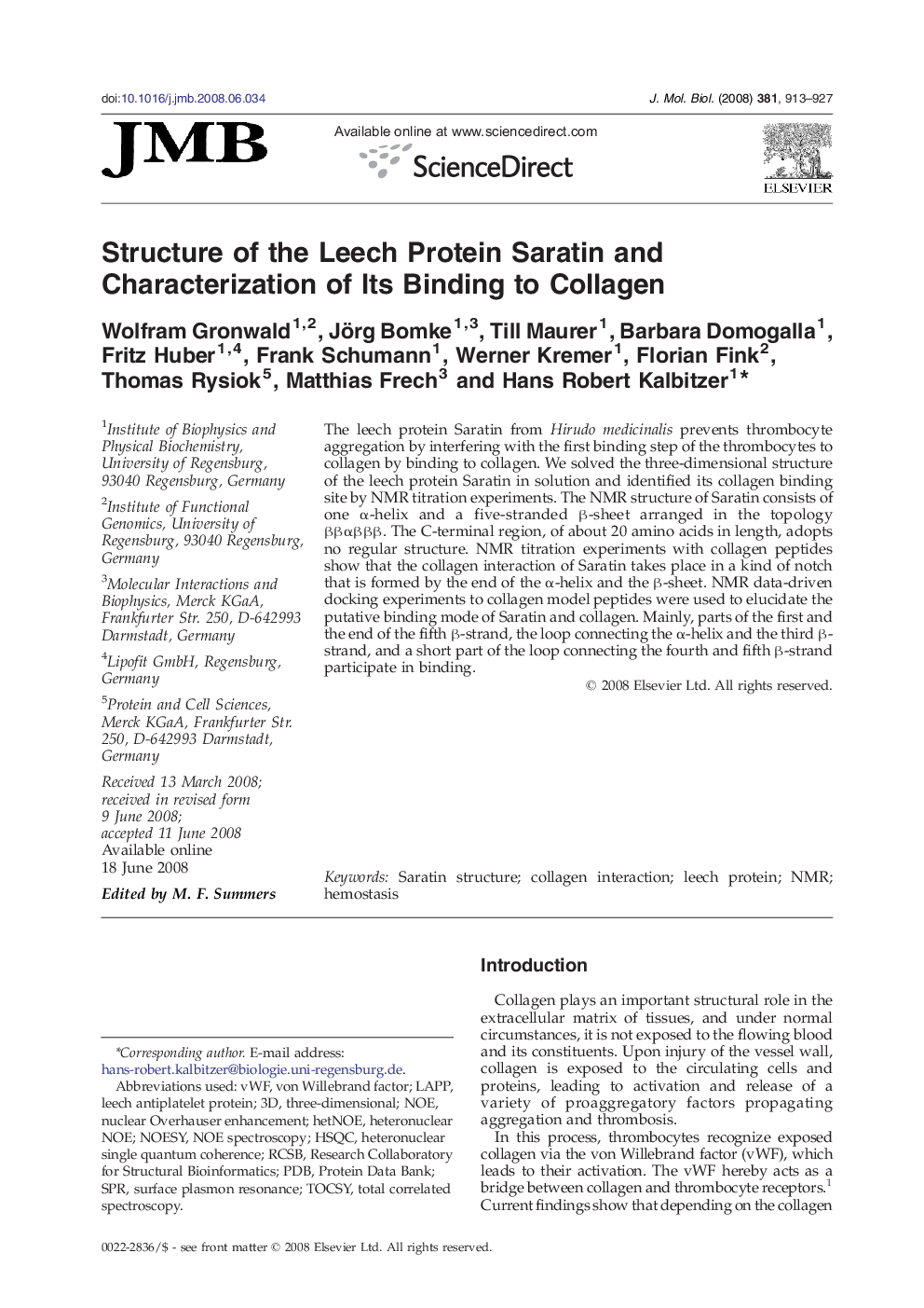 Structure of the Leech Protein Saratin and Characterization of Its Binding to Collagen