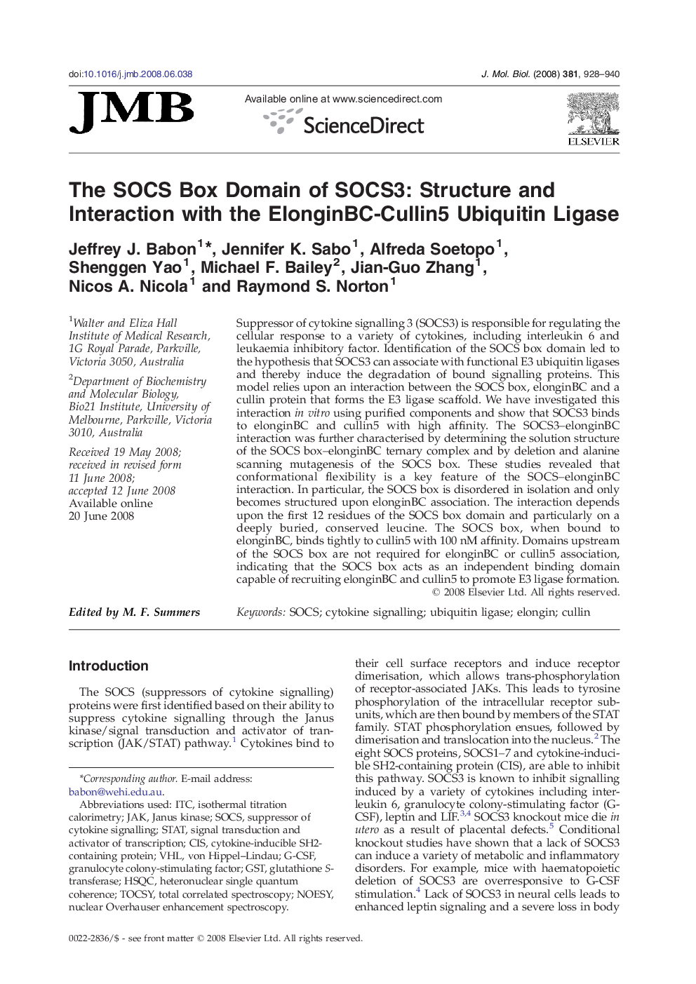 The SOCS Box Domain of SOCS3: Structure and Interaction with the ElonginBC-Cullin5 Ubiquitin Ligase