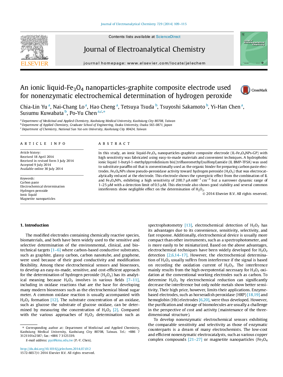 An ionic liquid-Fe3O4 nanoparticles-graphite composite electrode used for nonenzymatic electrochemical determination of hydrogen peroxide