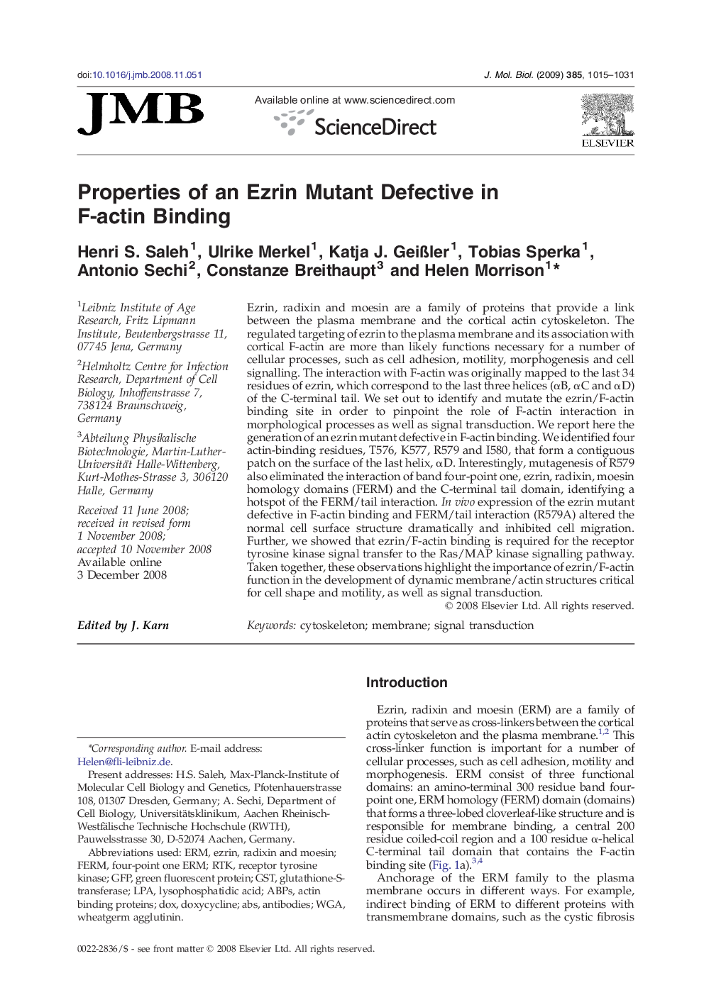 Properties of an Ezrin Mutant Defective in F-actin Binding