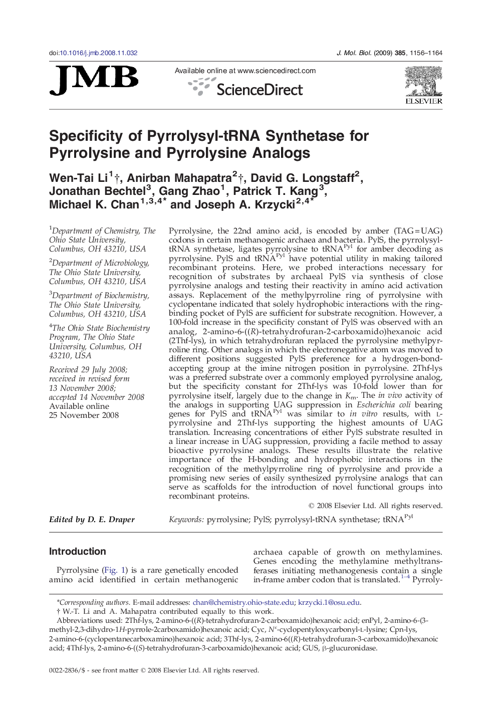 Specificity of Pyrrolysyl-tRNA Synthetase for Pyrrolysine and Pyrrolysine Analogs