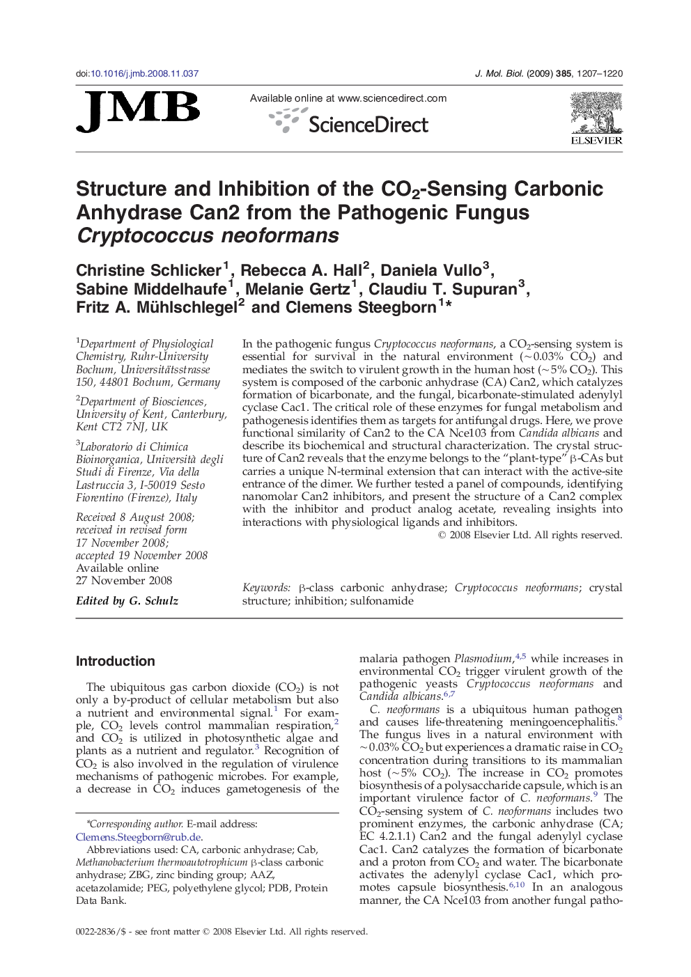 Structure and Inhibition of the CO2-Sensing Carbonic Anhydrase Can2 from the Pathogenic Fungus Cryptococcus neoformans