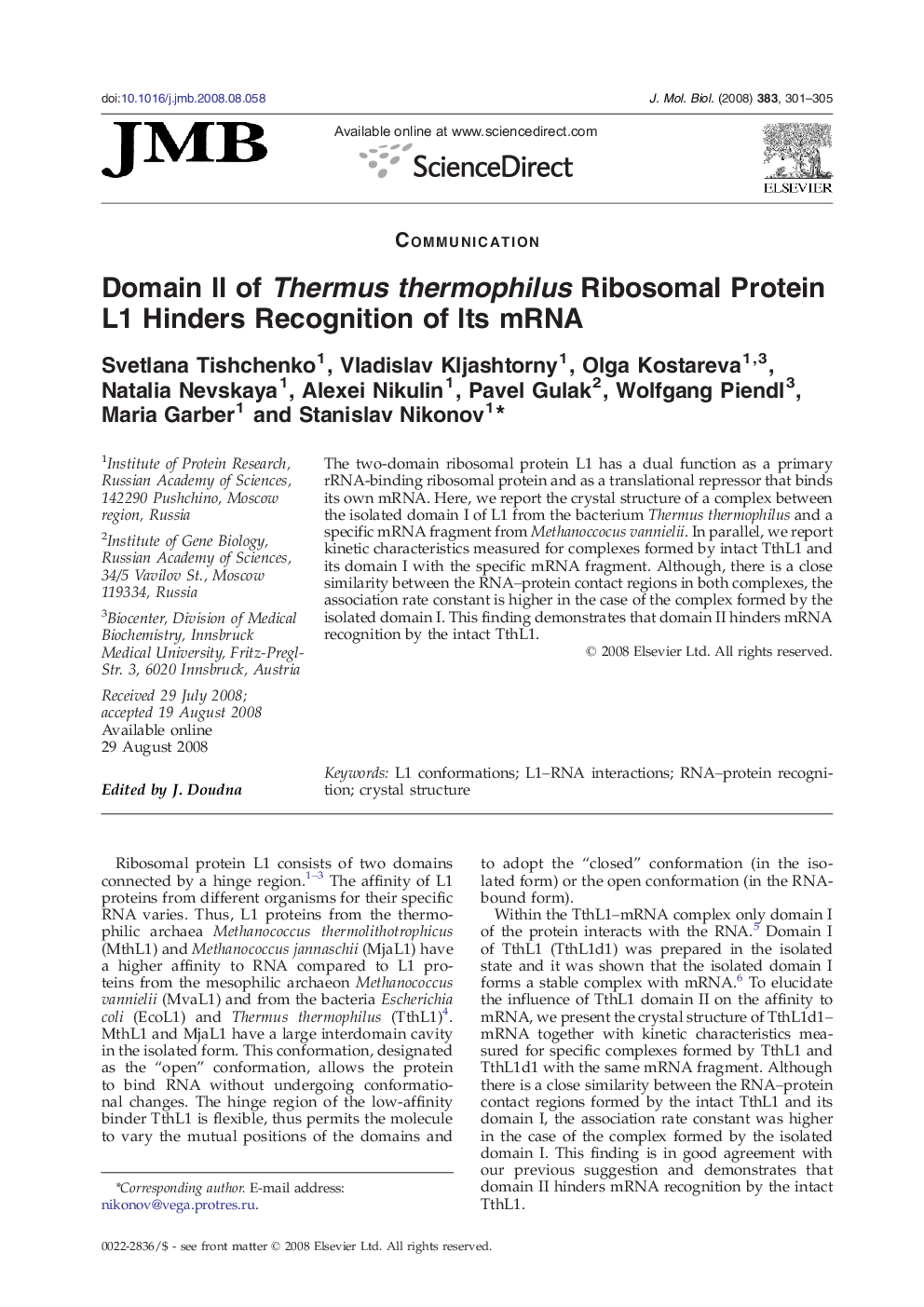 Domain II of Thermus thermophilus Ribosomal Protein L1 Hinders Recognition of Its mRNA