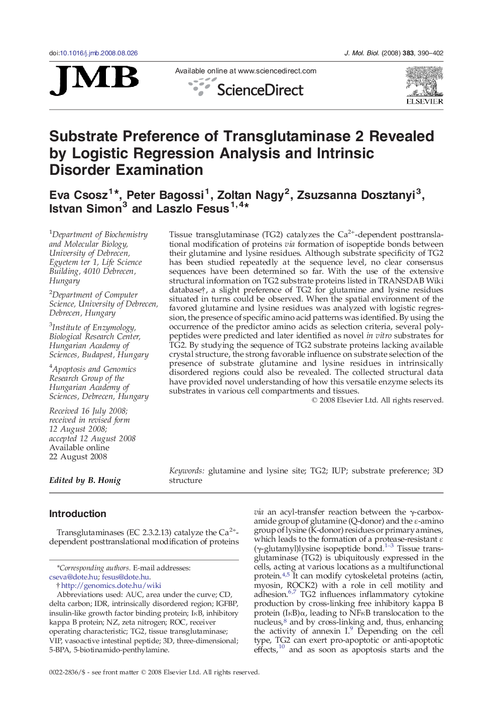 Substrate Preference of Transglutaminase 2 Revealed by Logistic Regression Analysis and Intrinsic Disorder Examination 