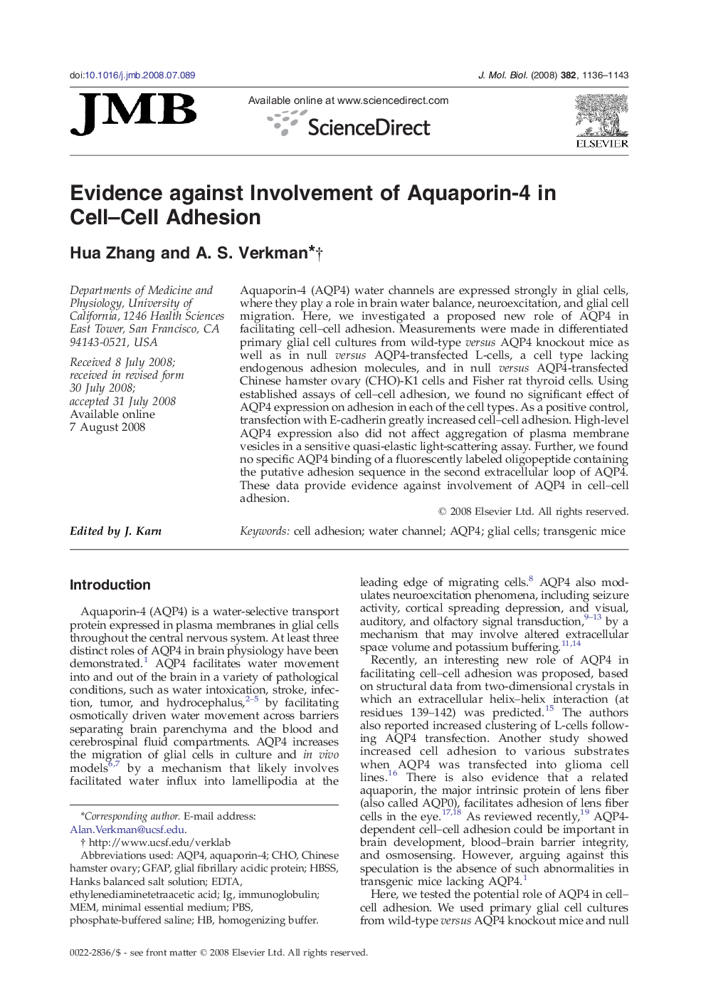 Evidence against Involvement of Aquaporin-4 in Cell–Cell Adhesion