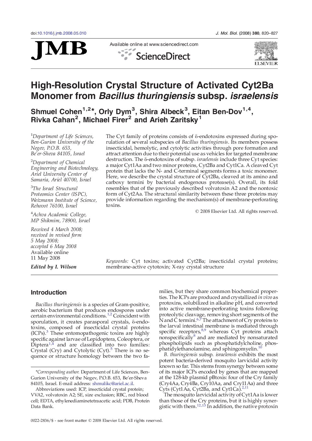 High-Resolution Crystal Structure of Activated Cyt2Ba Monomer from Bacillus thuringiensis subsp. israelensis