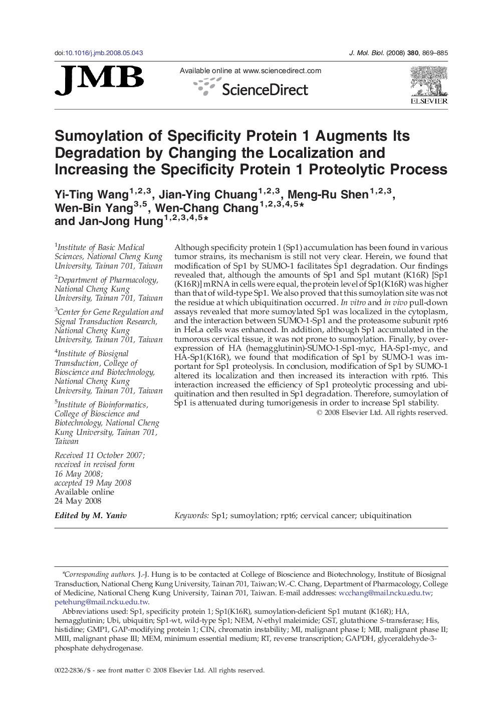 Sumoylation of Specificity Protein 1 Augments Its Degradation by Changing the Localization and Increasing the Specificity Protein 1 Proteolytic Process