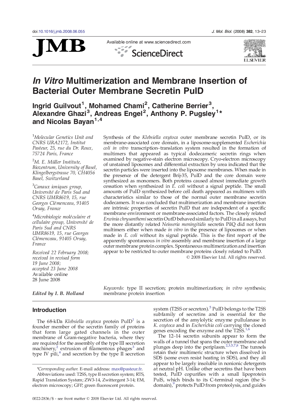 In Vitro Multimerization and Membrane Insertion of Bacterial Outer Membrane Secretin PulD