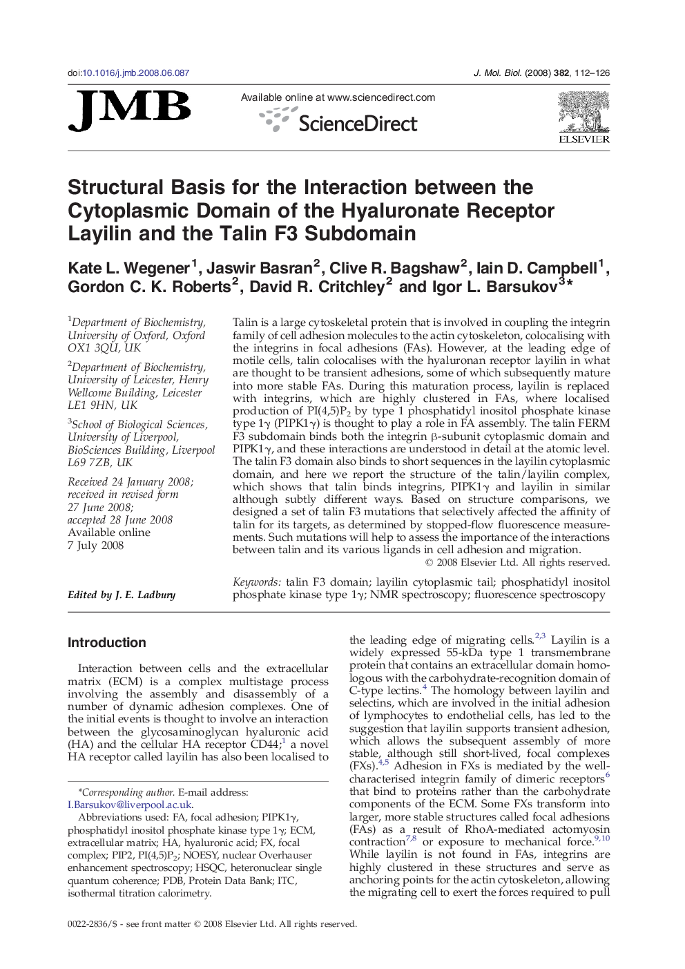 Structural Basis for the Interaction between the Cytoplasmic Domain of the Hyaluronate Receptor Layilin and the Talin F3 Subdomain