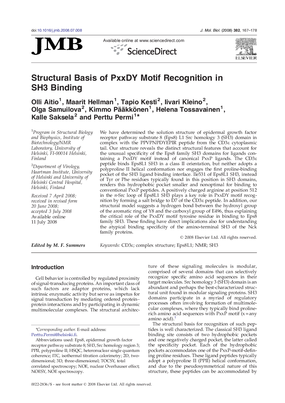 Structural Basis of PxxDY Motif Recognition in SH3 Binding