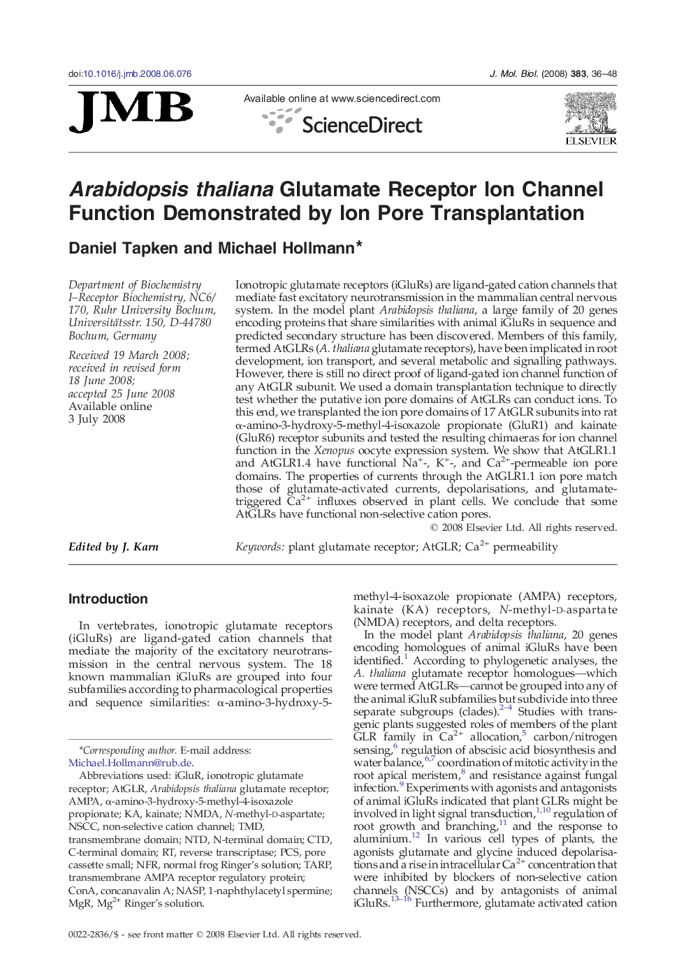 Arabidopsis thaliana Glutamate Receptor Ion Channel Function Demonstrated by Ion Pore Transplantation