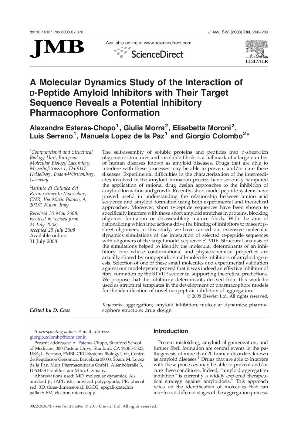 A Molecular Dynamics Study of the Interaction of d-Peptide Amyloid Inhibitors with Their Target Sequence Reveals a Potential Inhibitory Pharmacophore Conformation