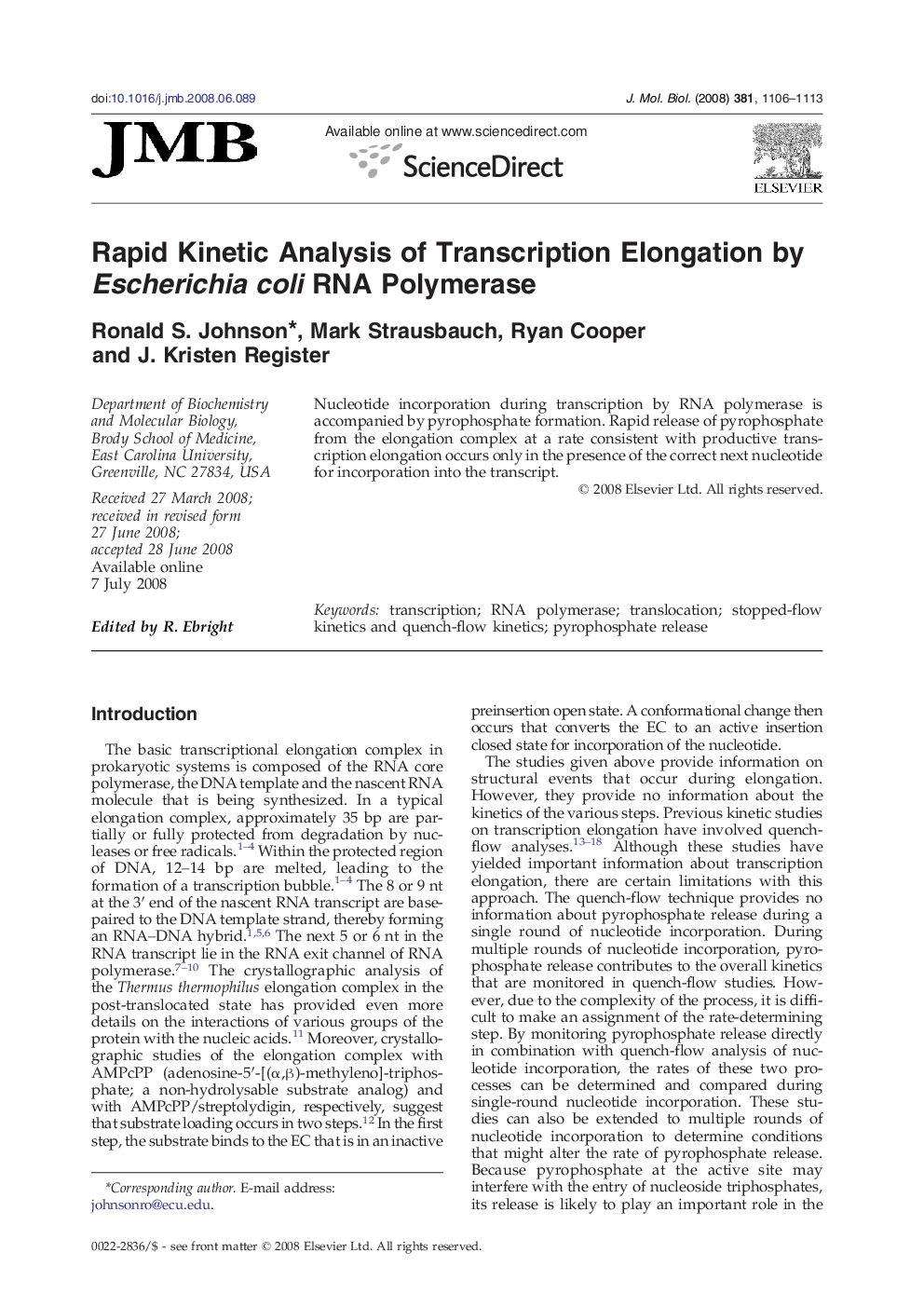 Rapid Kinetic Analysis of Transcription Elongation by Escherichia coli RNA Polymerase