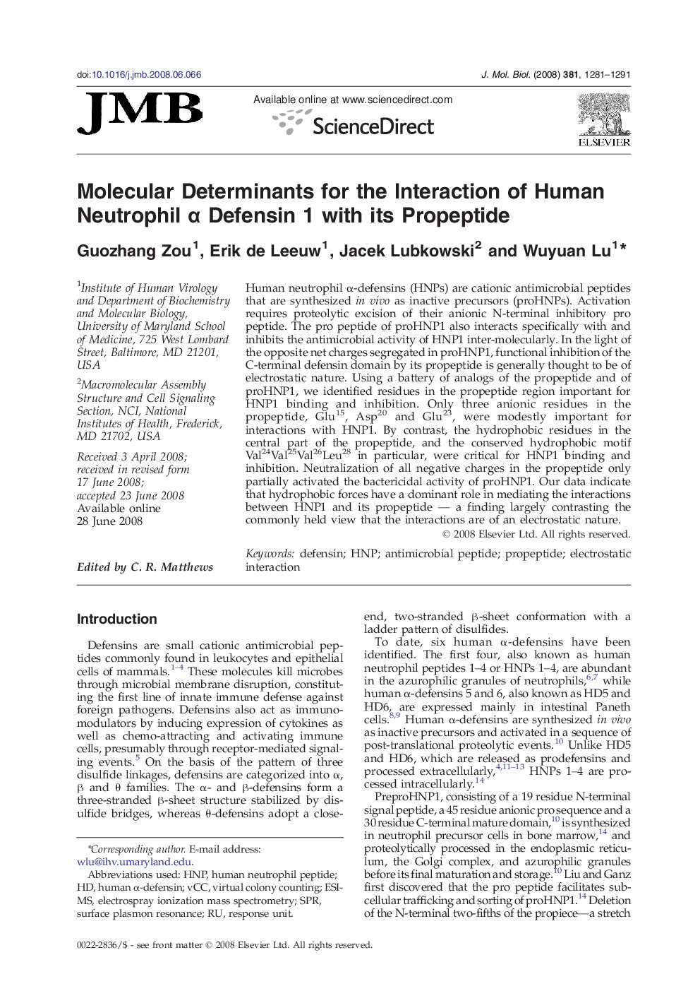 Molecular Determinants for the Interaction of Human Neutrophil α Defensin 1 with its Propeptide