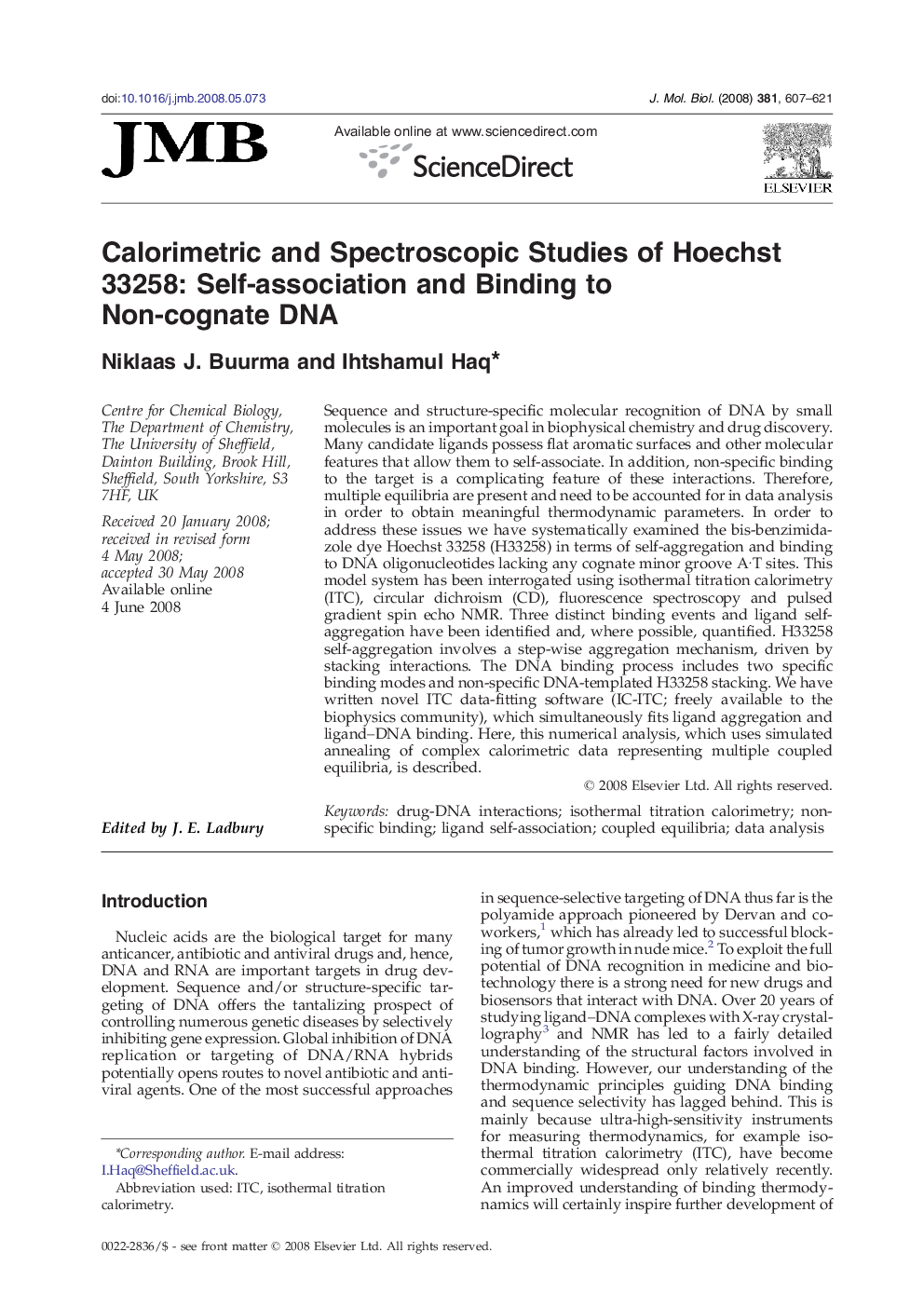 Calorimetric and Spectroscopic Studies of Hoechst 33258: Self-association and Binding to Non-cognate DNA