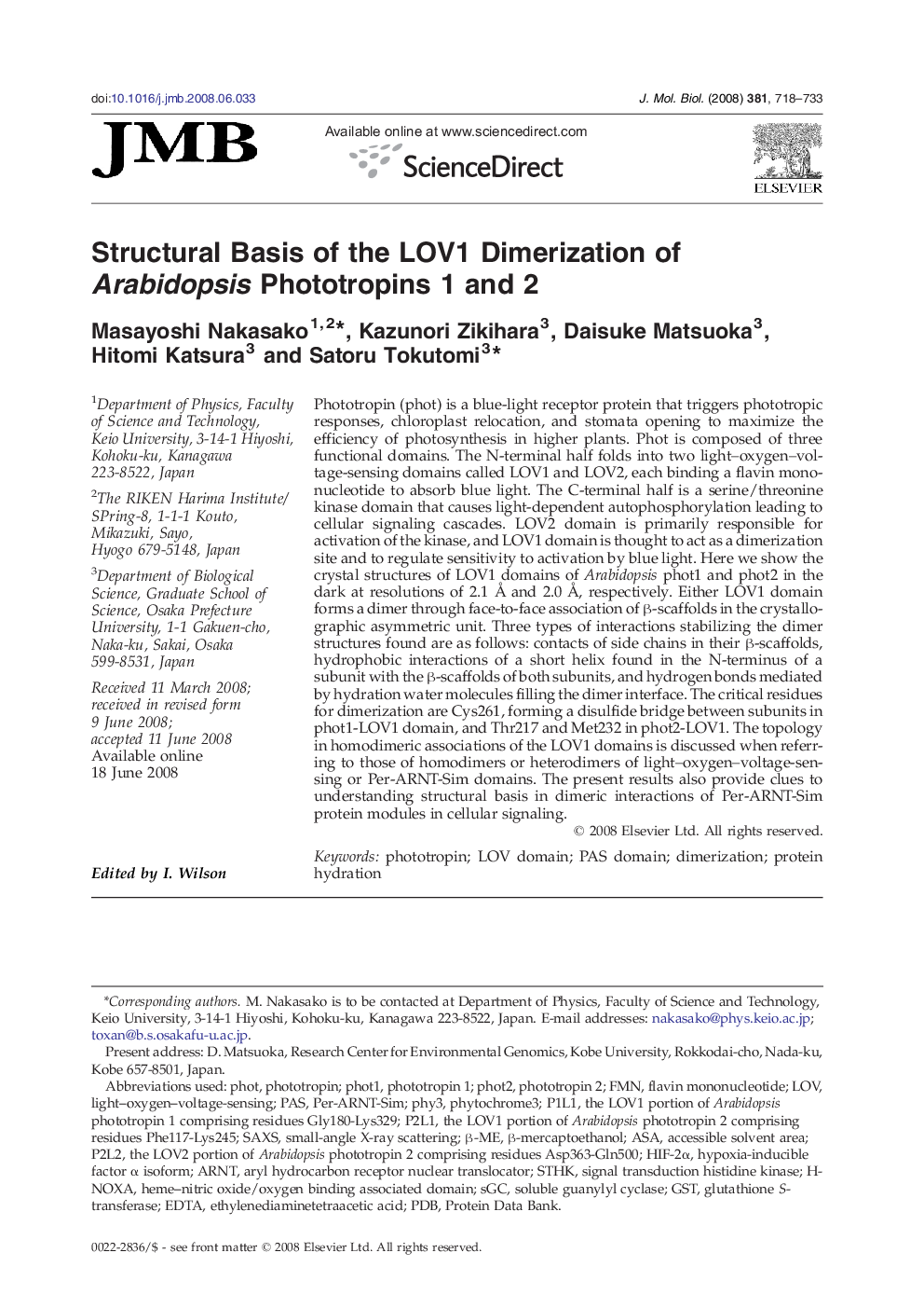 Structural Basis of the LOV1 Dimerization of Arabidopsis Phototropins 1 and 2