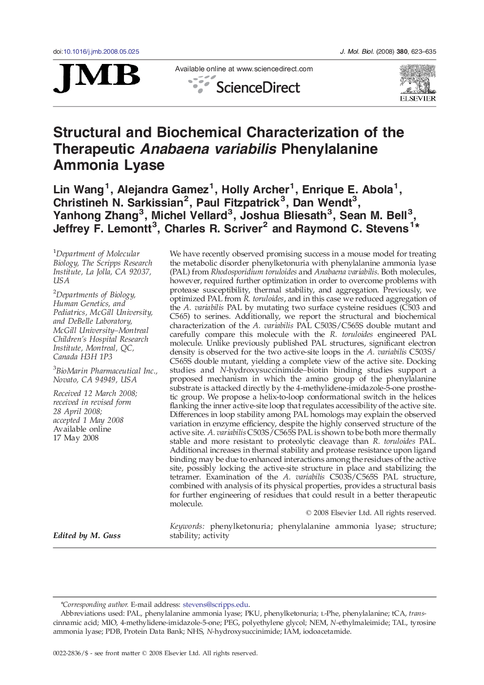 Structural and Biochemical Characterization of the Therapeutic Anabaena variabilis Phenylalanine Ammonia Lyase