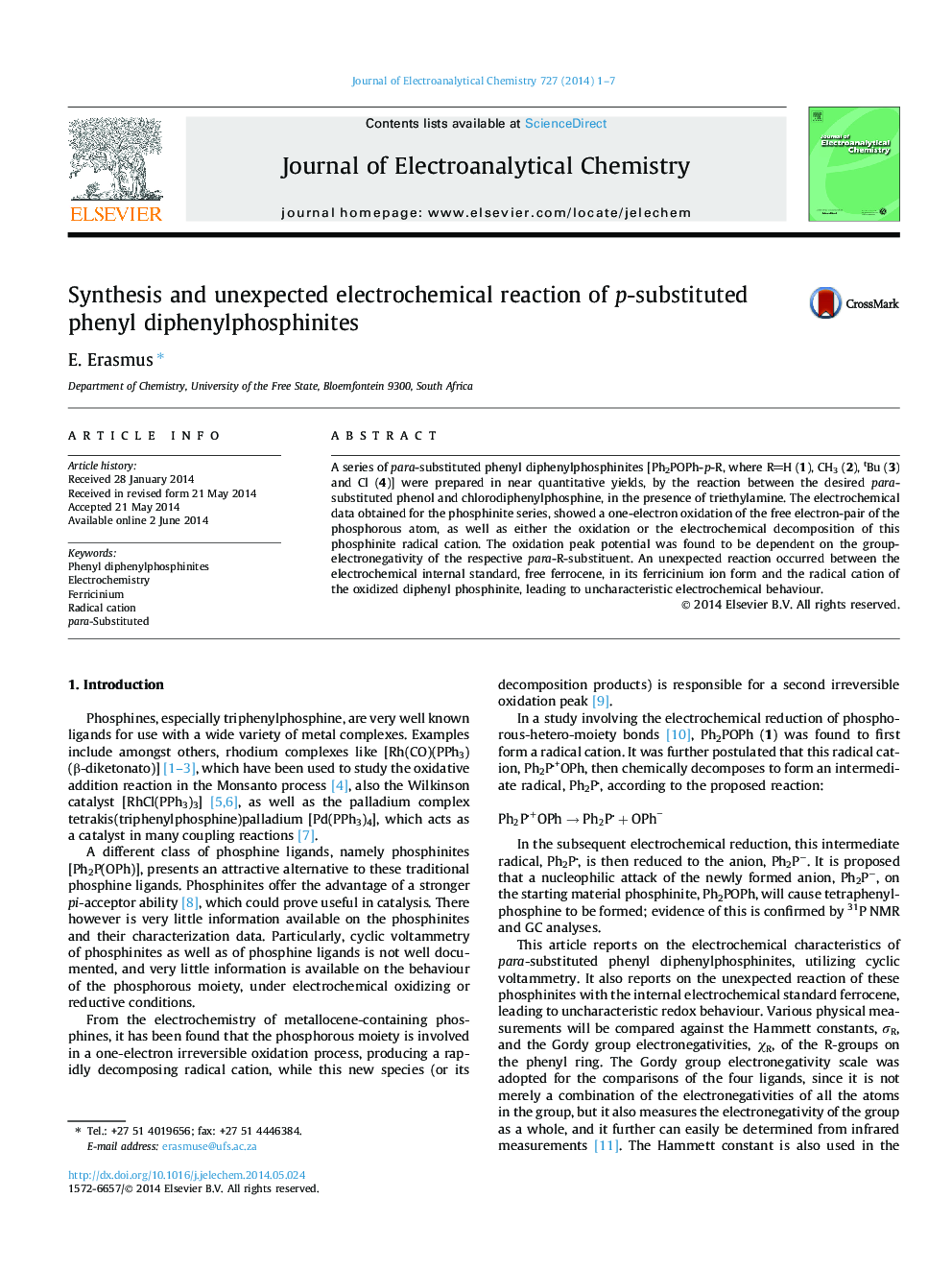 Synthesis and unexpected electrochemical reaction of p-substituted phenyl diphenylphosphinites