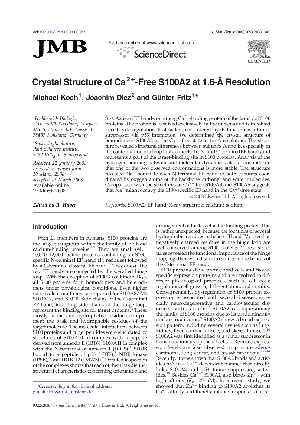 Crystal Structure of Ca2 +-Free S100A2 at 1.6-Å Resolution