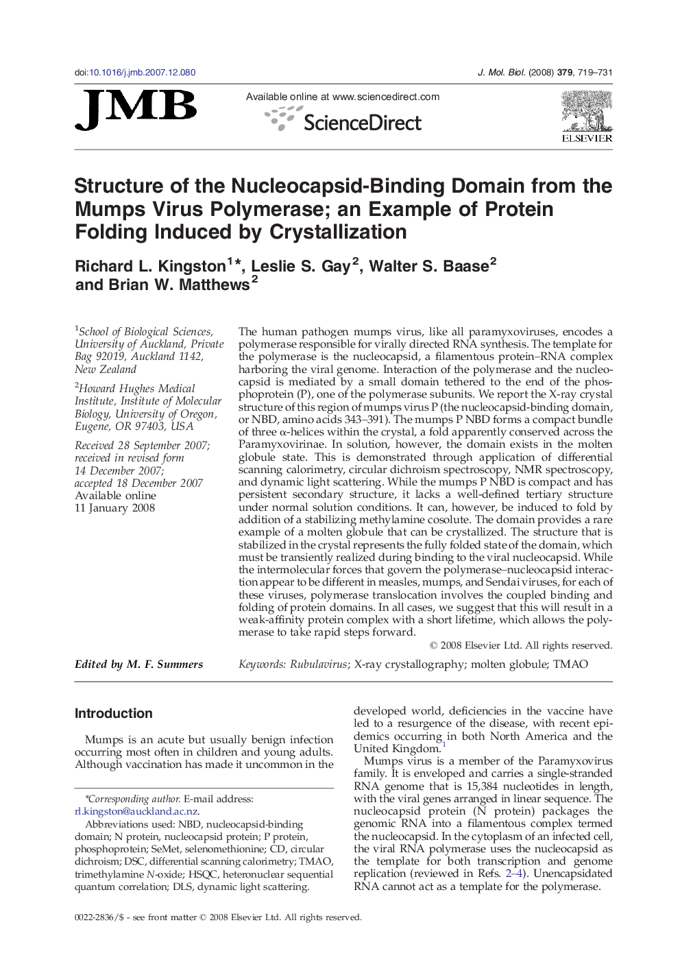 Structure of the Nucleocapsid-Binding Domain from the Mumps Virus Polymerase; an Example of Protein Folding Induced by Crystallization