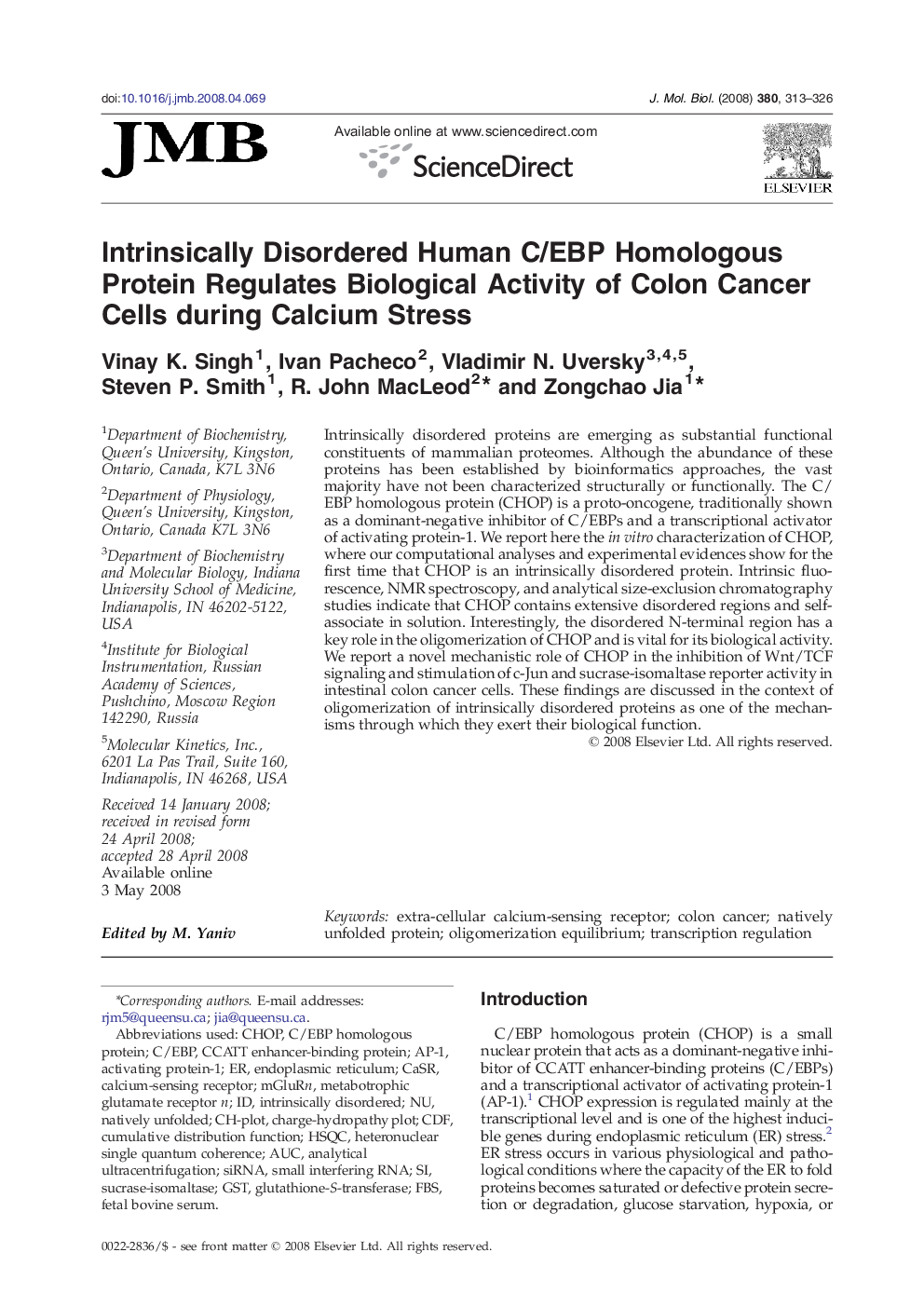 Intrinsically Disordered Human C/EBP Homologous Protein Regulates Biological Activity of Colon Cancer Cells during Calcium Stress