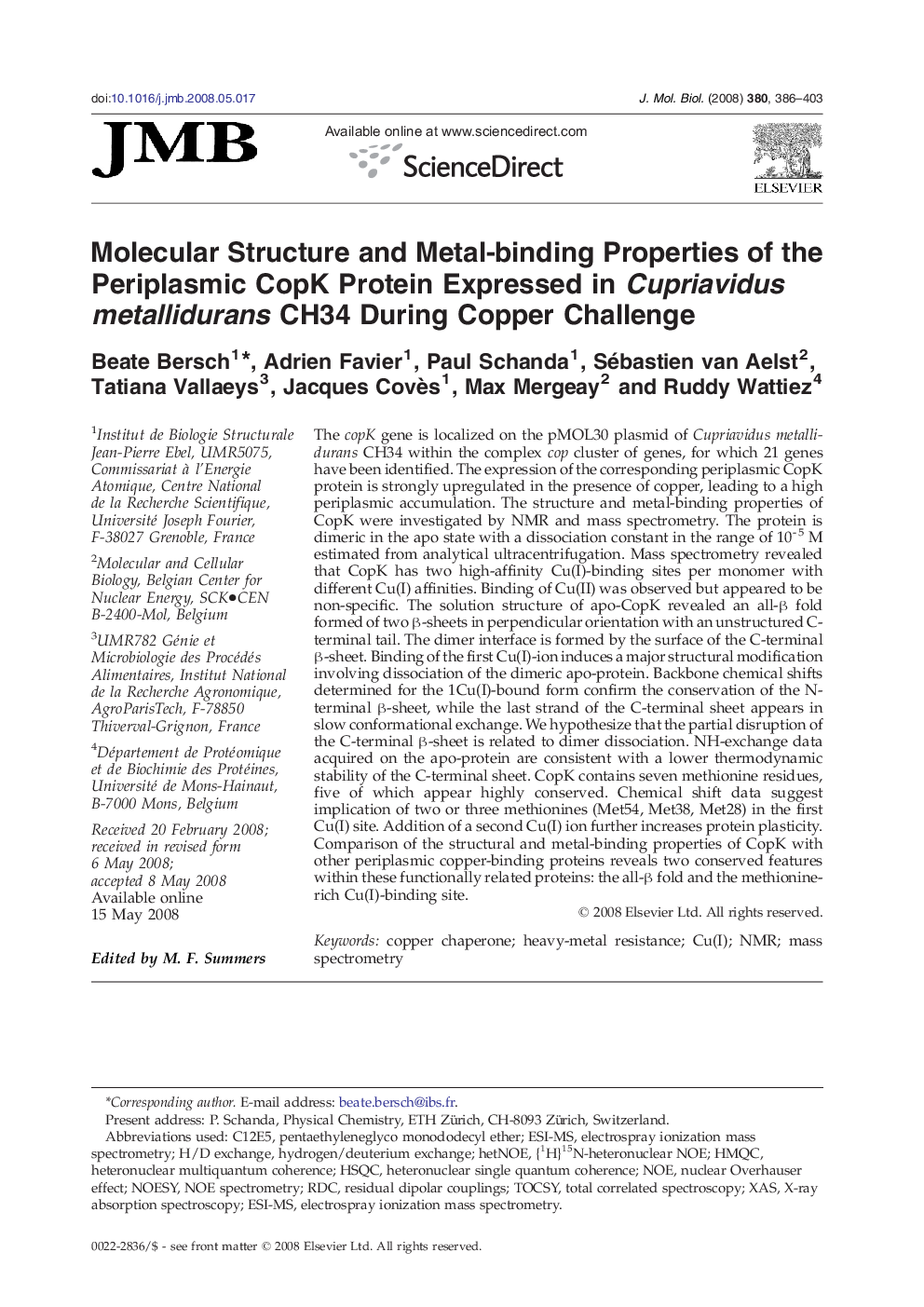 Molecular Structure and Metal-binding Properties of the Periplasmic CopK Protein Expressed in Cupriavidus metallidurans CH34 During Copper Challenge