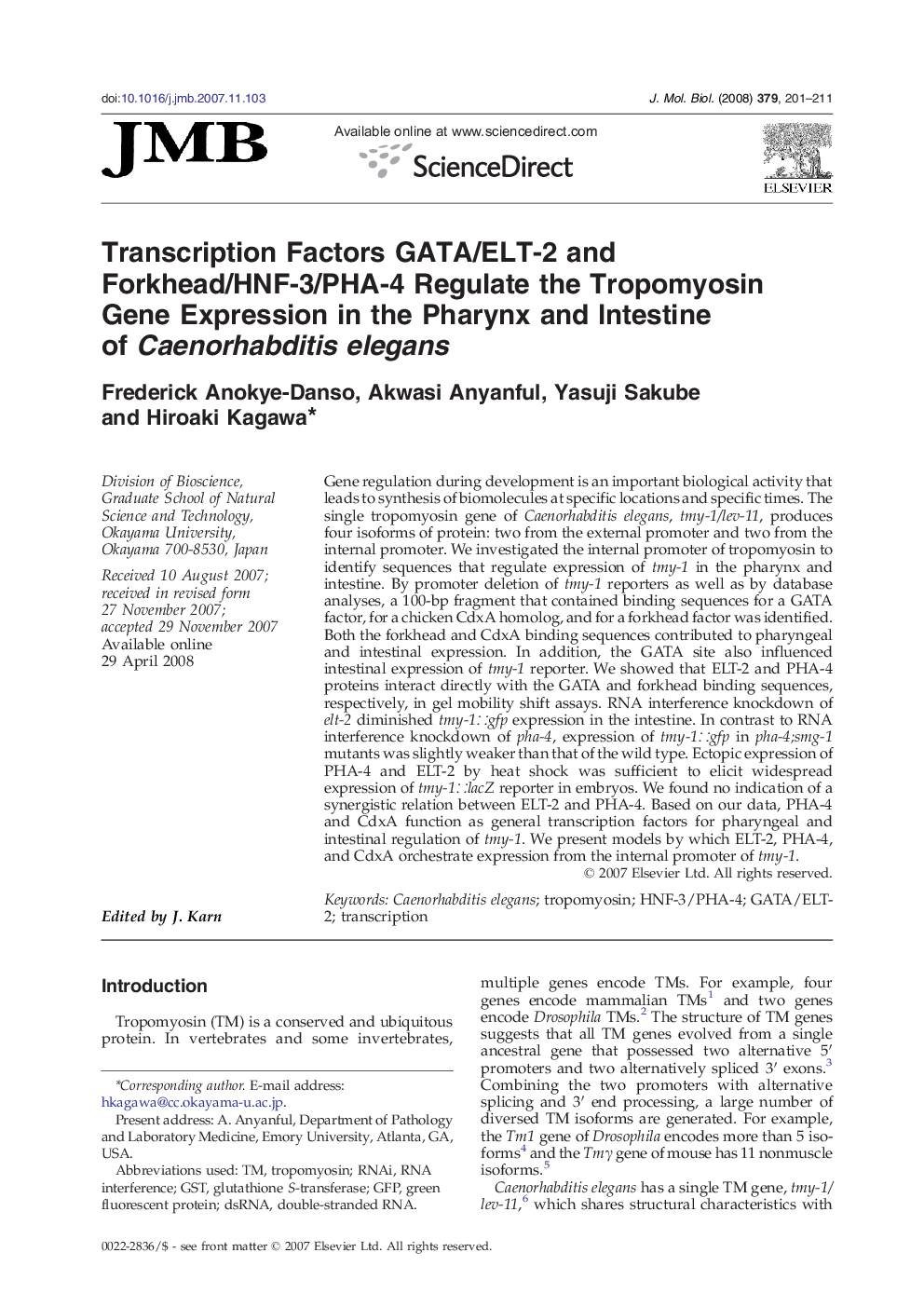 Transcription Factors GATA/ELT-2 and Forkhead/HNF-3/PHA-4 Regulate the Tropomyosin Gene Expression in the Pharynx and Intestine of Caenorhabditis elegans