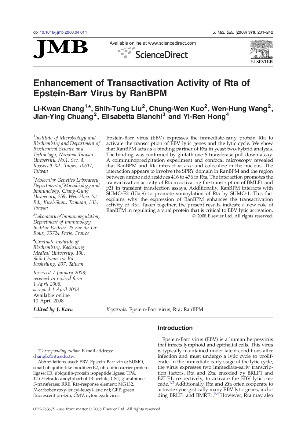 Enhancement of Transactivation Activity of Rta of Epstein-Barr Virus by RanBPM