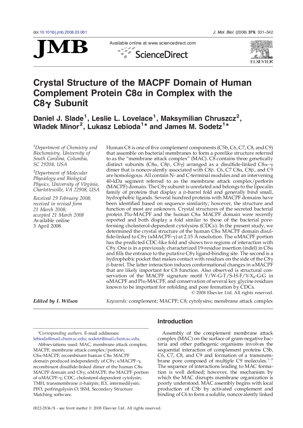 Crystal Structure of the MACPF Domain of Human Complement Protein C8α in Complex with the C8γ Subunit