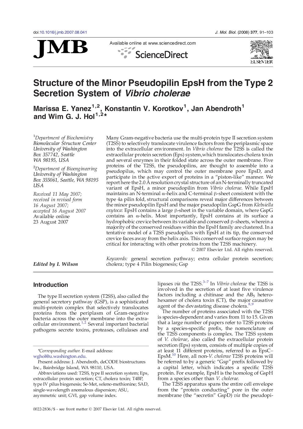 Structure of the Minor Pseudopilin EpsH from the Type 2 Secretion System of Vibrio cholerae