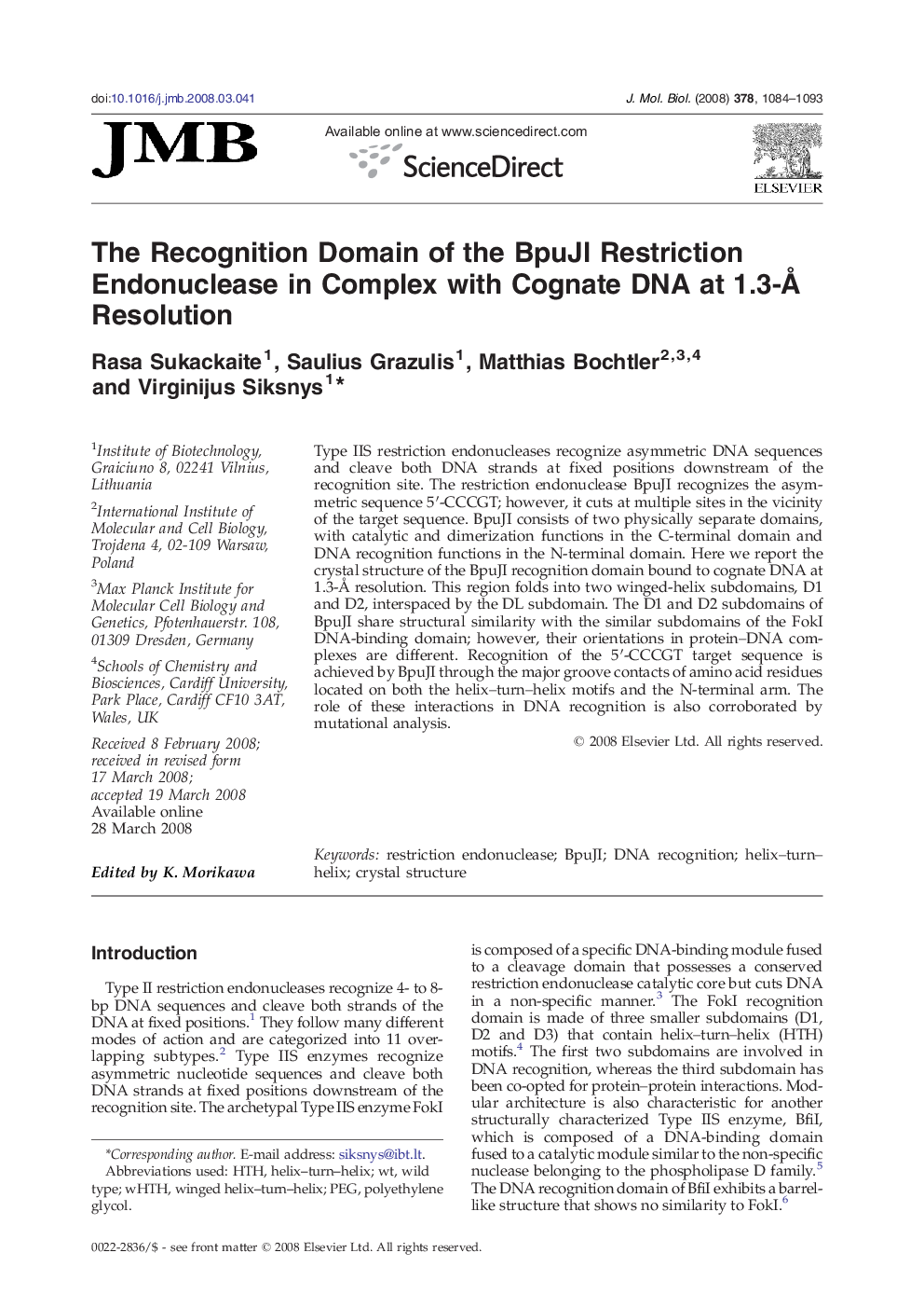 The Recognition Domain of the BpuJI Restriction Endonuclease in Complex with Cognate DNA at 1.3-Å Resolution 