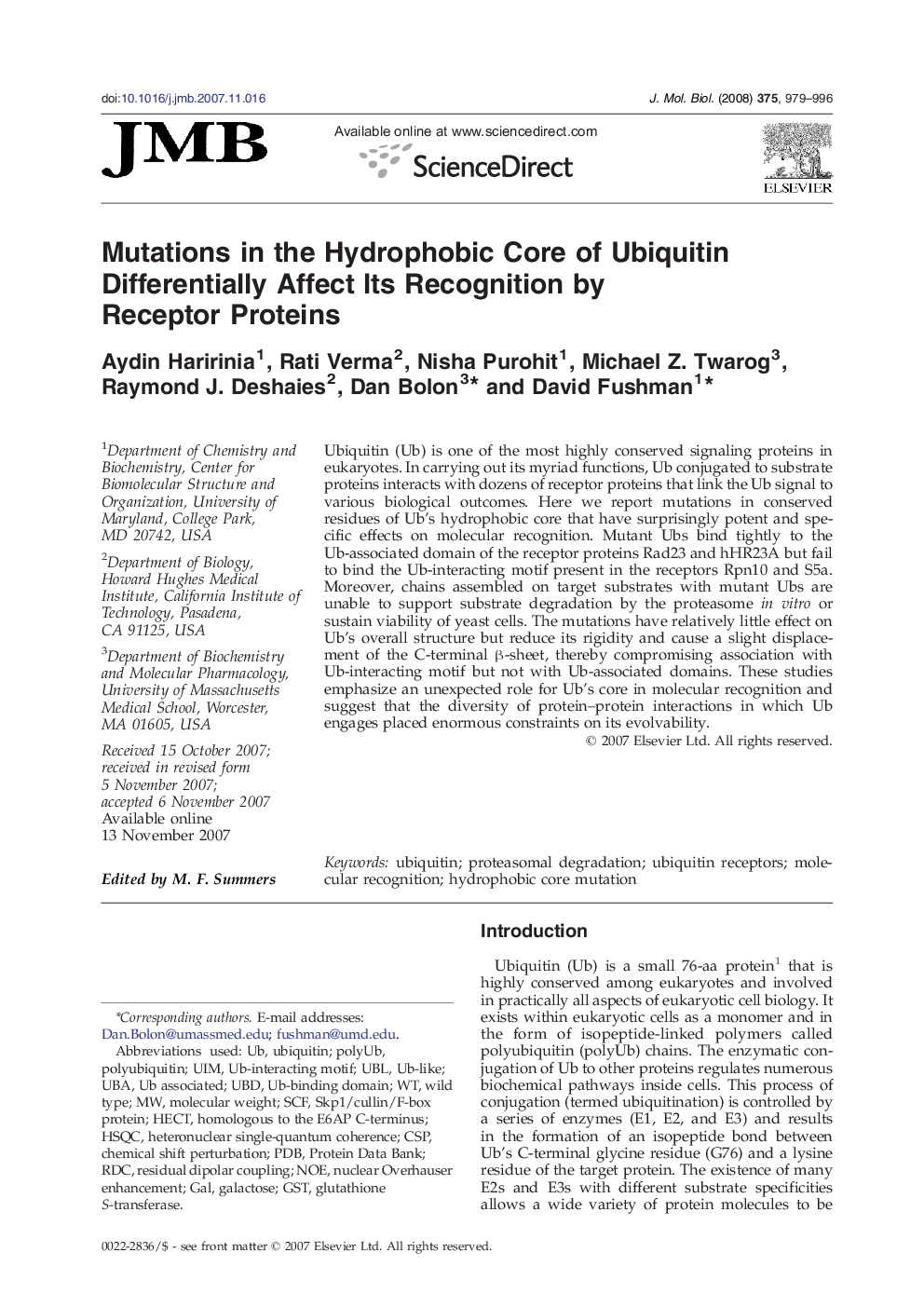 Mutations in the Hydrophobic Core of Ubiquitin Differentially Affect Its Recognition by Receptor Proteins