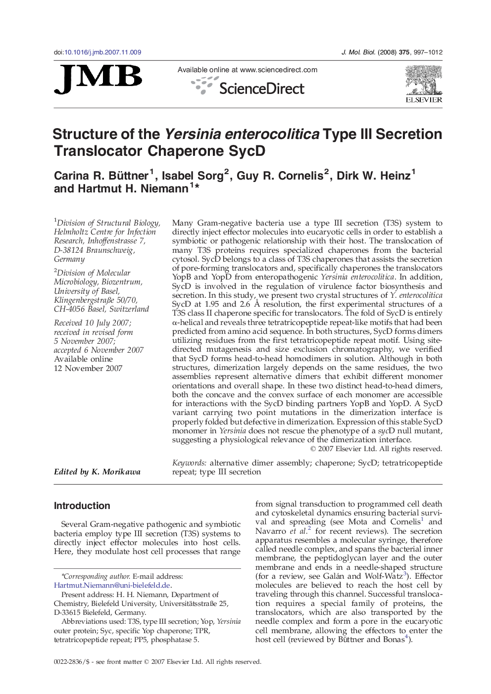 Structure of the Yersinia enterocolitica Type III Secretion Translocator Chaperone SycD