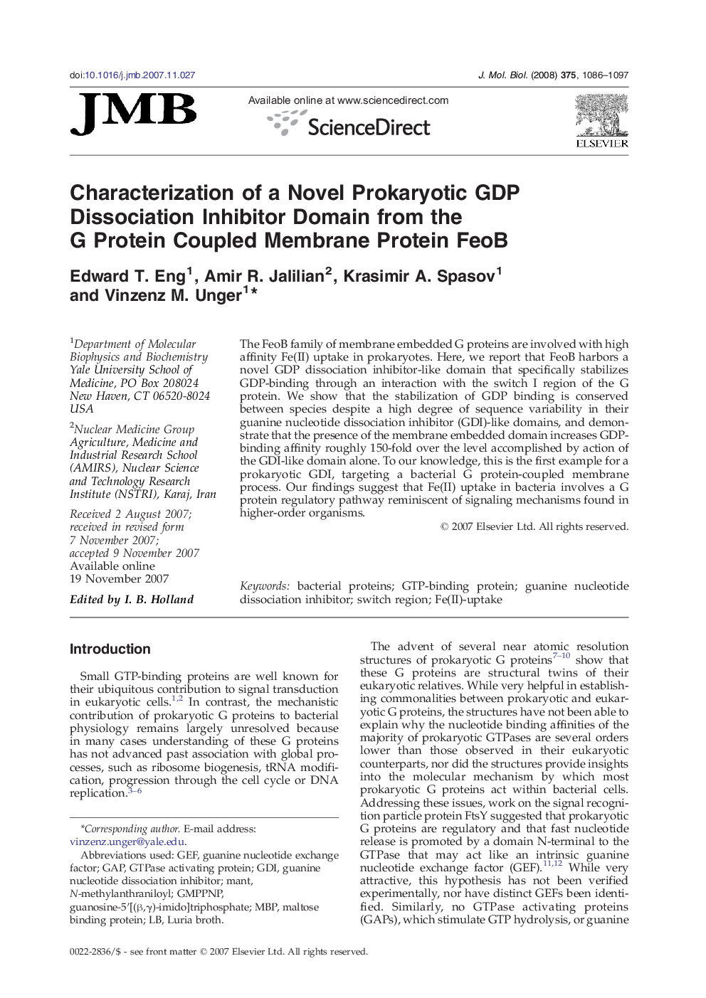 Characterization of a Novel Prokaryotic GDP Dissociation Inhibitor Domain from the G Protein Coupled Membrane Protein FeoB