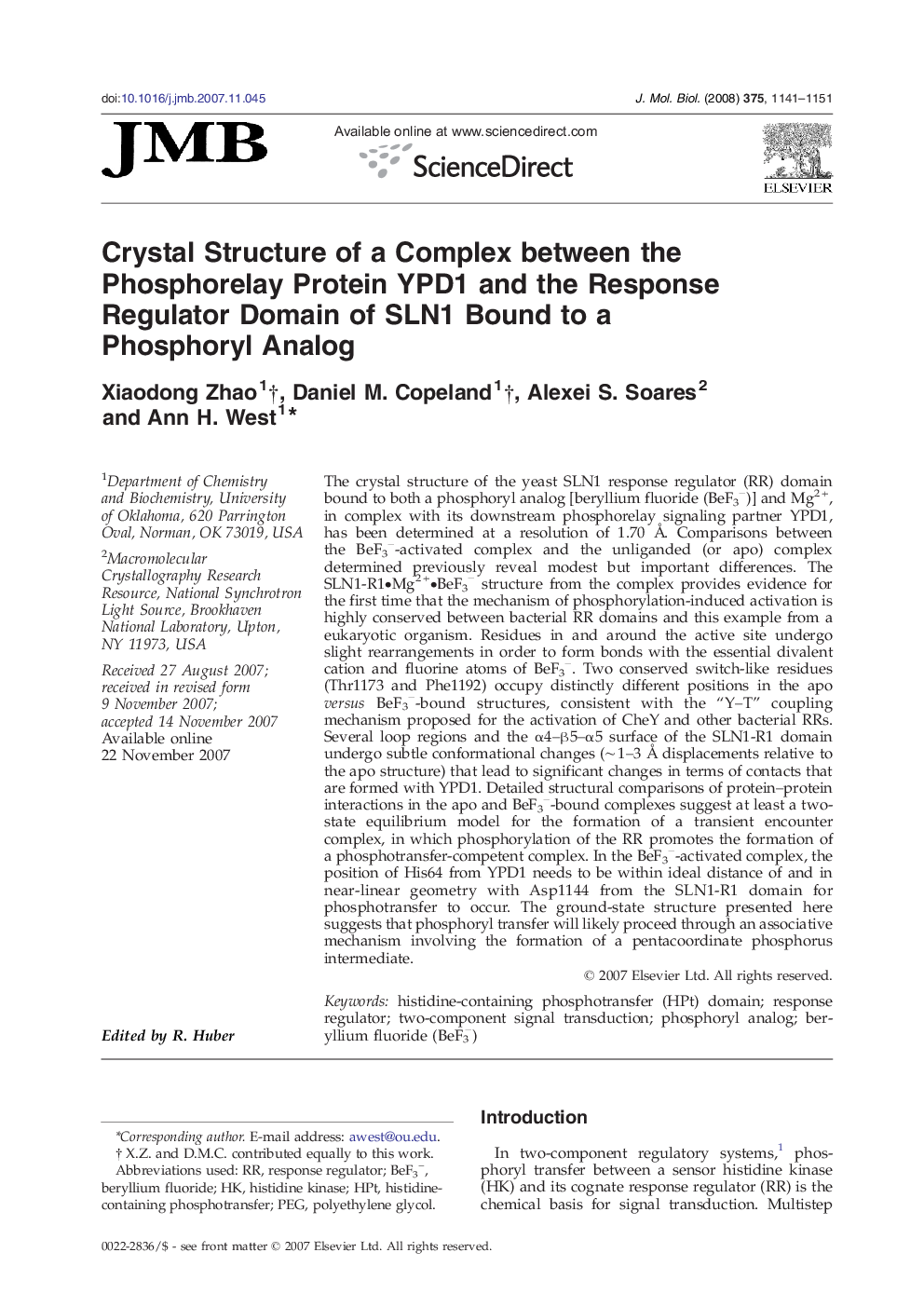 Crystal Structure of a Complex between the Phosphorelay Protein YPD1 and the Response Regulator Domain of SLN1 Bound to a Phosphoryl Analog