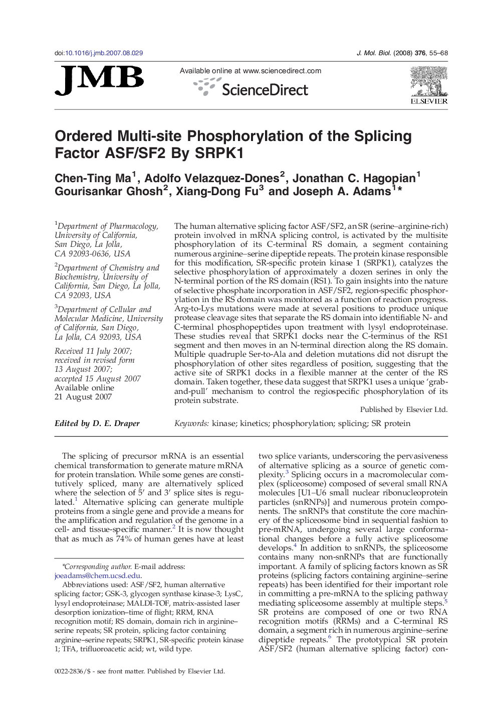 Ordered Multi-site Phosphorylation of the Splicing Factor ASF/SF2 By SRPK1