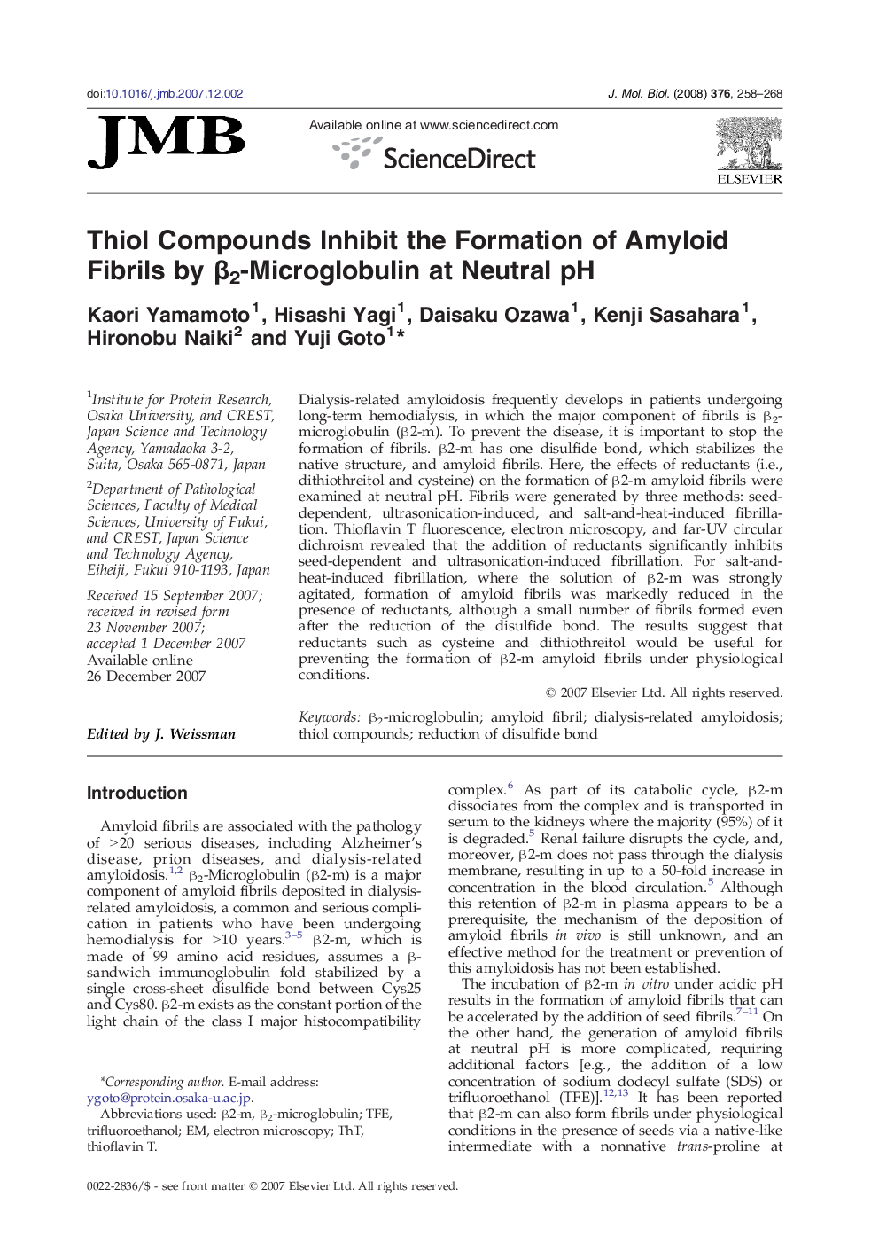 Thiol Compounds Inhibit the Formation of Amyloid Fibrils by β2-Microglobulin at Neutral pH