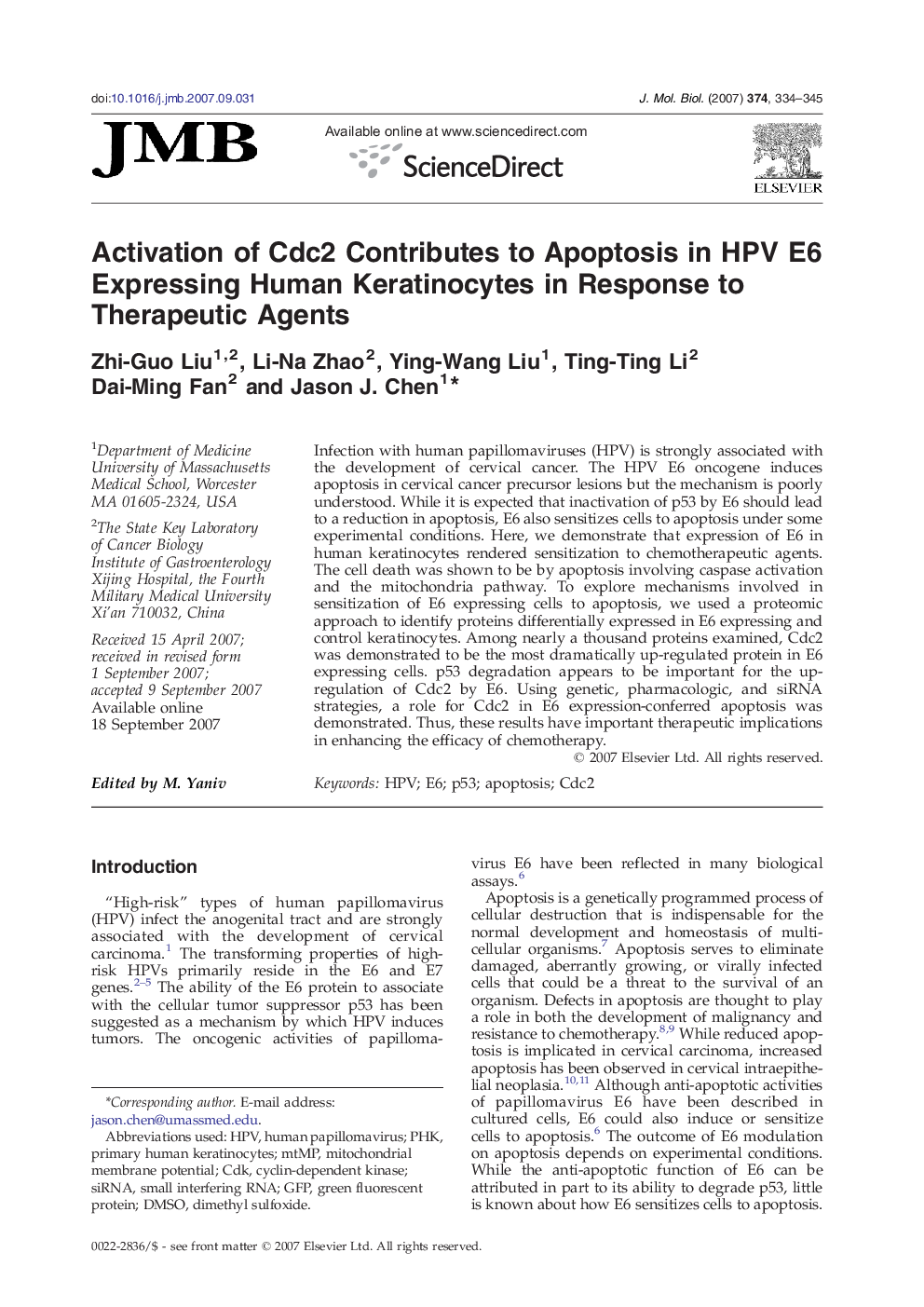 Activation of Cdc2 Contributes to Apoptosis in HPV E6 Expressing Human Keratinocytes in Response to Therapeutic Agents