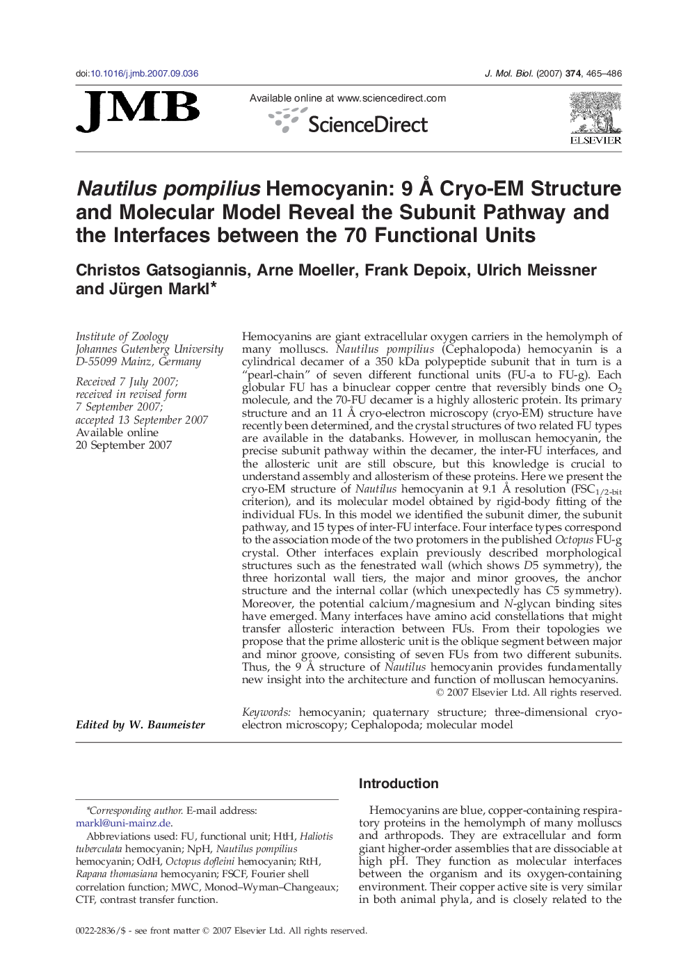 Nautilus pompilius Hemocyanin: 9 Å Cryo-EM Structure and Molecular Model Reveal the Subunit Pathway and the Interfaces between the 70 Functional Units