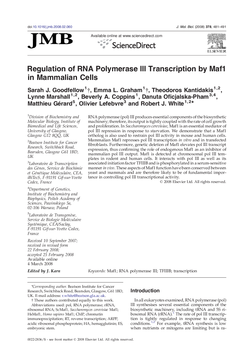 Regulation of RNA Polymerase III Transcription by Maf1 in Mammalian Cells