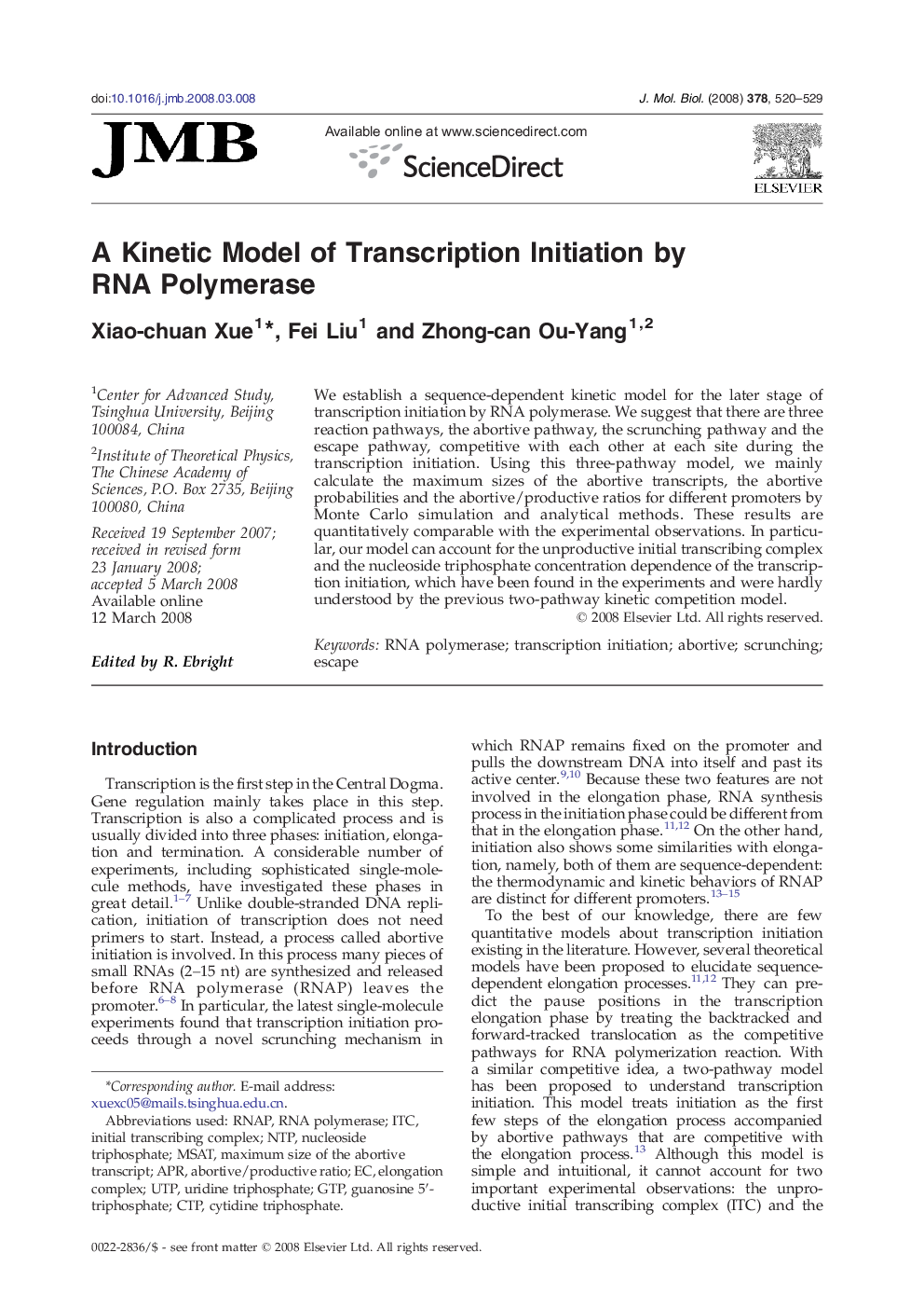 A Kinetic Model of Transcription Initiation by RNA Polymerase