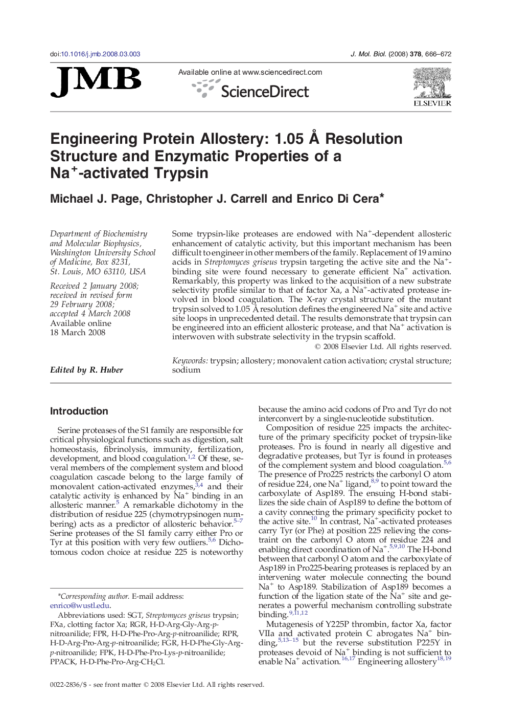 Engineering Protein Allostery: 1.05 Å Resolution Structure and Enzymatic Properties of a Na+-activated Trypsin