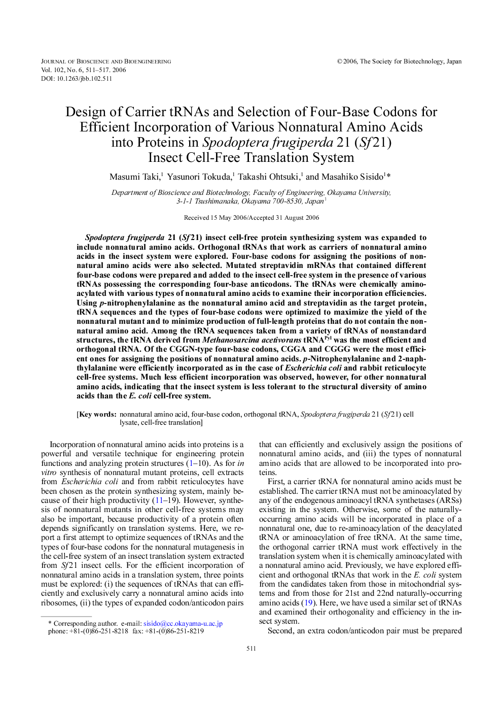 Design of carrier tRNAs and selection of four-base codons for efficient incorporation of various nonnatural amino acids into proteins in Spodoptera frugiperda 21 (Sf21) insect cell-free translation system