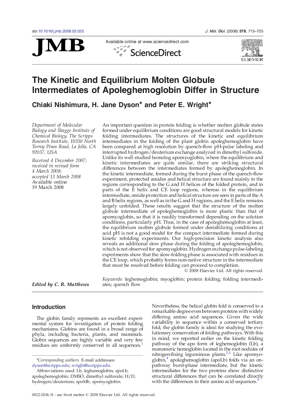 The Kinetic and Equilibrium Molten Globule Intermediates of Apoleghemoglobin Differ in Structure