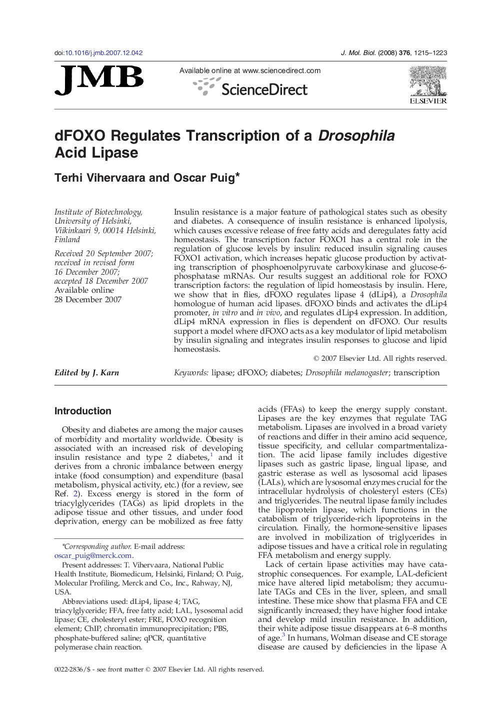 dFOXO Regulates Transcription of a Drosophila Acid Lipase