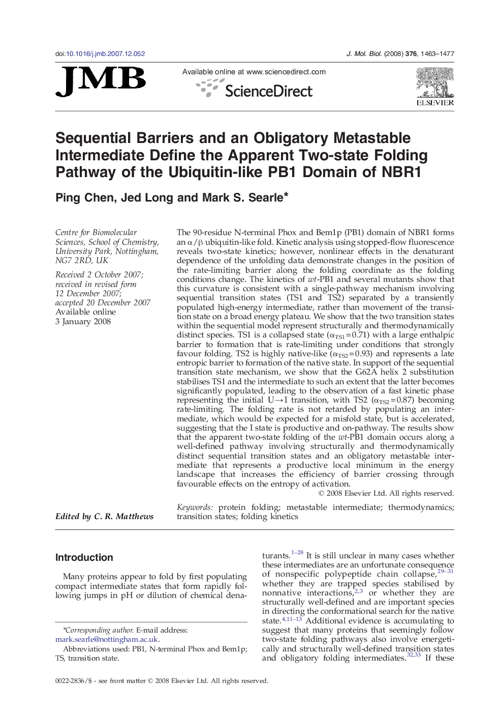 Sequential Barriers and an Obligatory Metastable Intermediate Define the Apparent Two-state Folding Pathway of the Ubiquitin-like PB1 Domain of NBR1