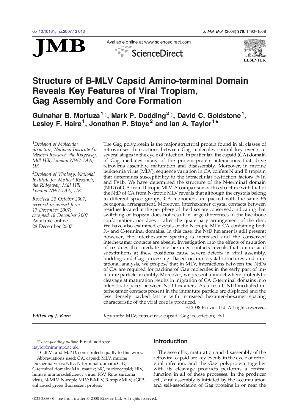 Structure of B-MLV Capsid Amino-terminal Domain Reveals Key Features of Viral Tropism, Gag Assembly and Core Formation