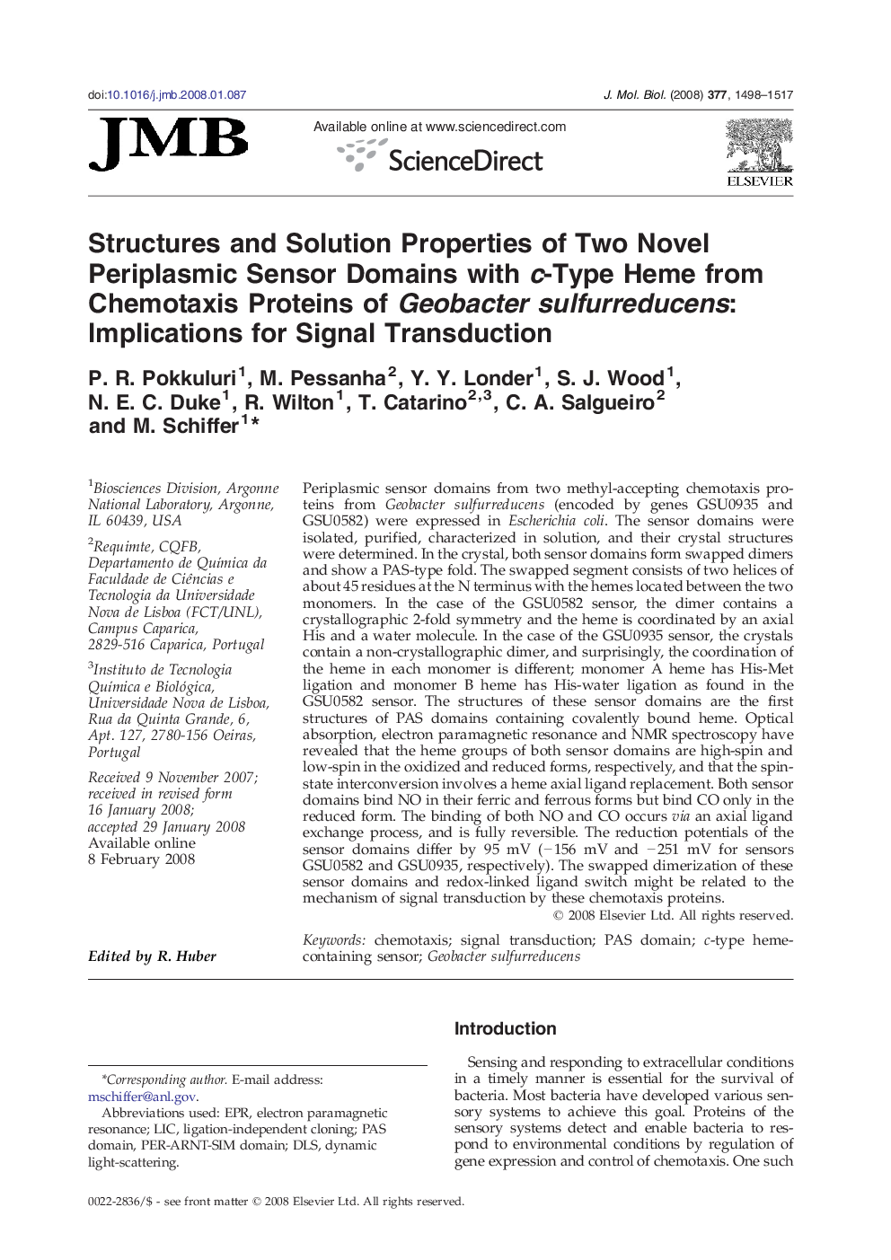 Structures and Solution Properties of Two Novel Periplasmic Sensor Domains with c-Type Heme from Chemotaxis Proteins of Geobacter sulfurreducens: Implications for Signal Transduction