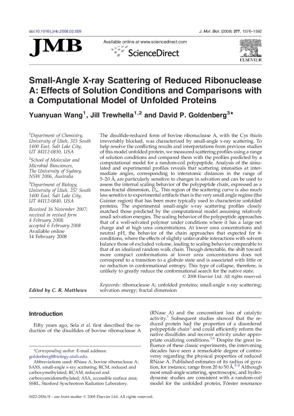 Small-Angle X-ray Scattering of Reduced Ribonuclease A: Effects of Solution Conditions and Comparisons with a Computational Model of Unfolded Proteins